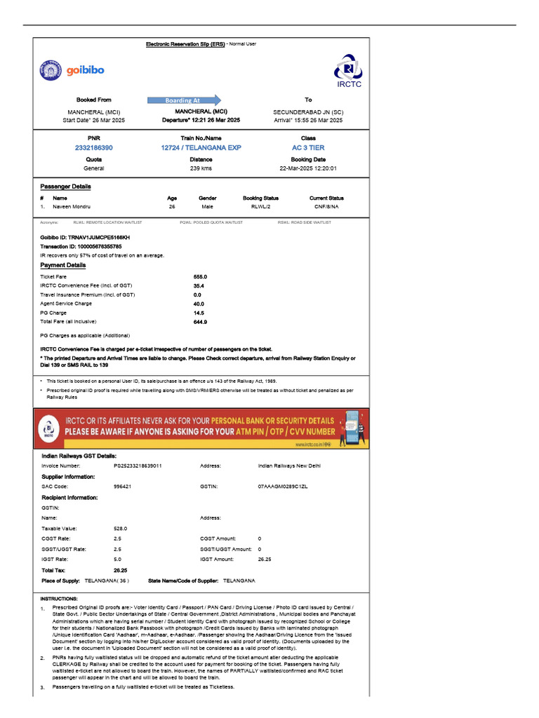 Electronic Reservation Slip for Train Ticket | PDF | Identity Document