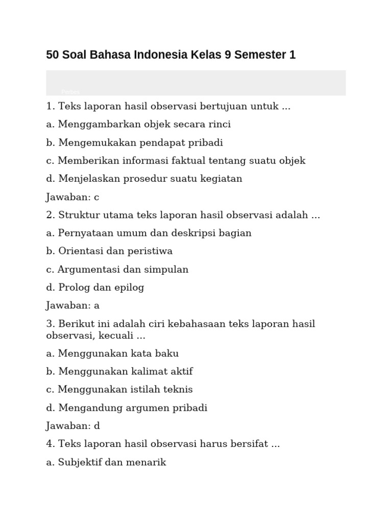 Soal Bahasa Indonesia Kelas 9 Semester 1 | PDF