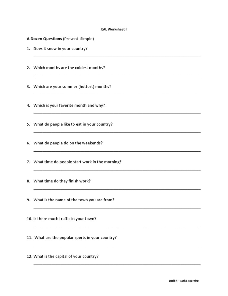 A Dozen Questions (Present Simple) : EAL Worksheet I | PDF