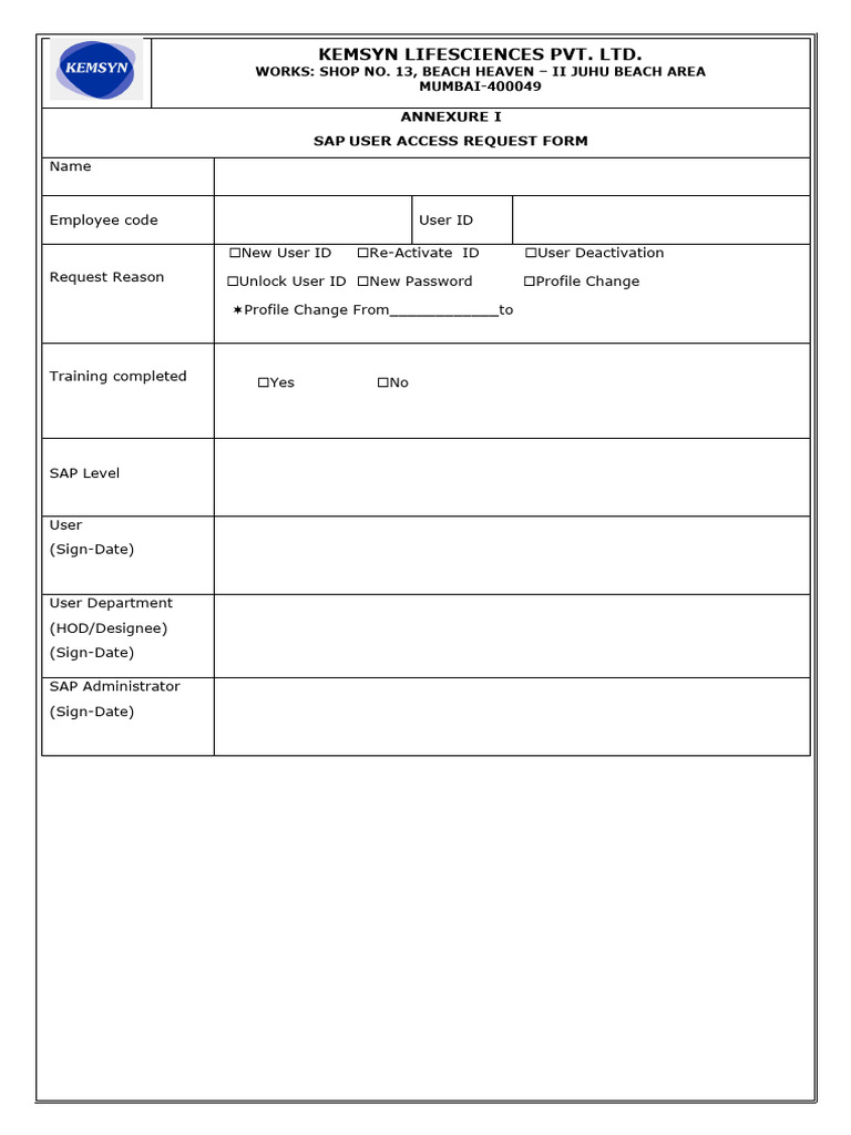 Ho Sap User Creation Form | PDF