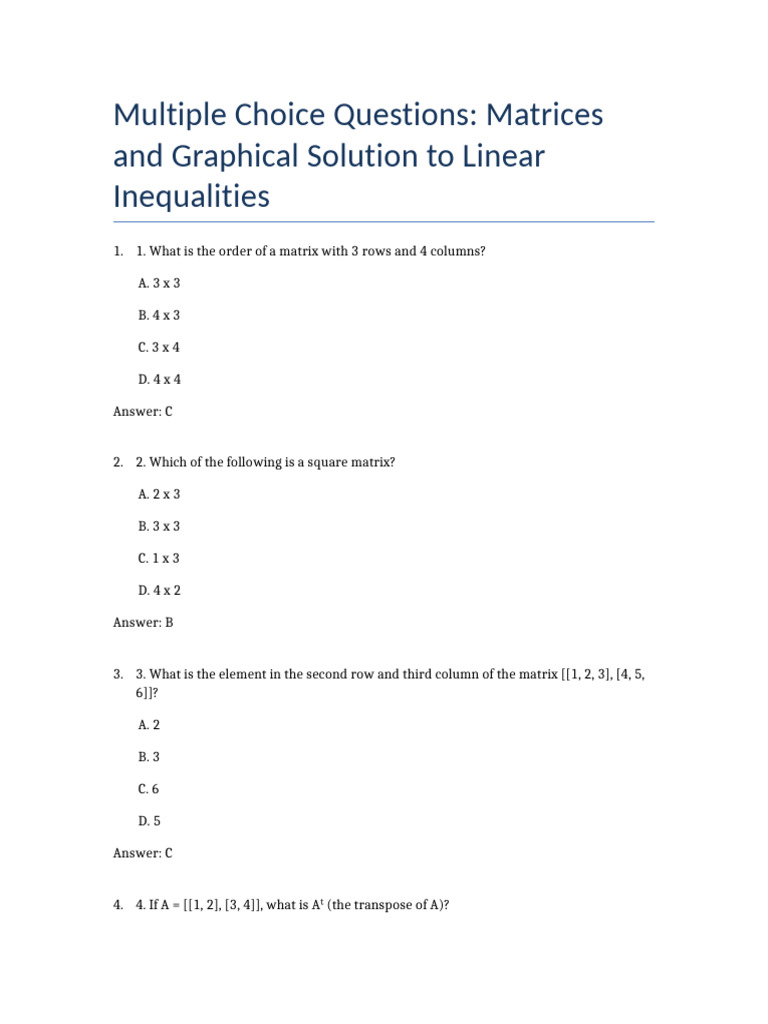 Mathematics Exercise: Matrices Quiz | PDF | Functional Analysis ...