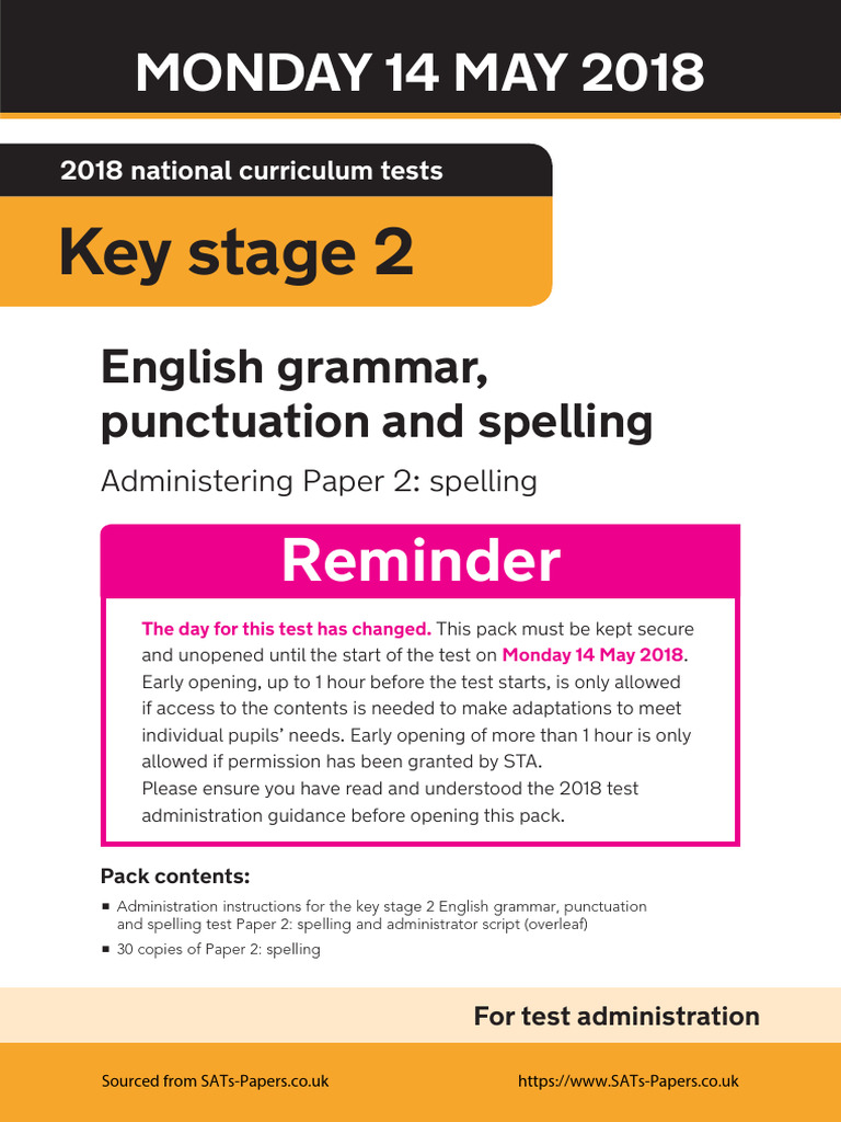 Ks2 English 2018 Grammar Punctuation Spelling Paper 2 Spelling Teachers ...