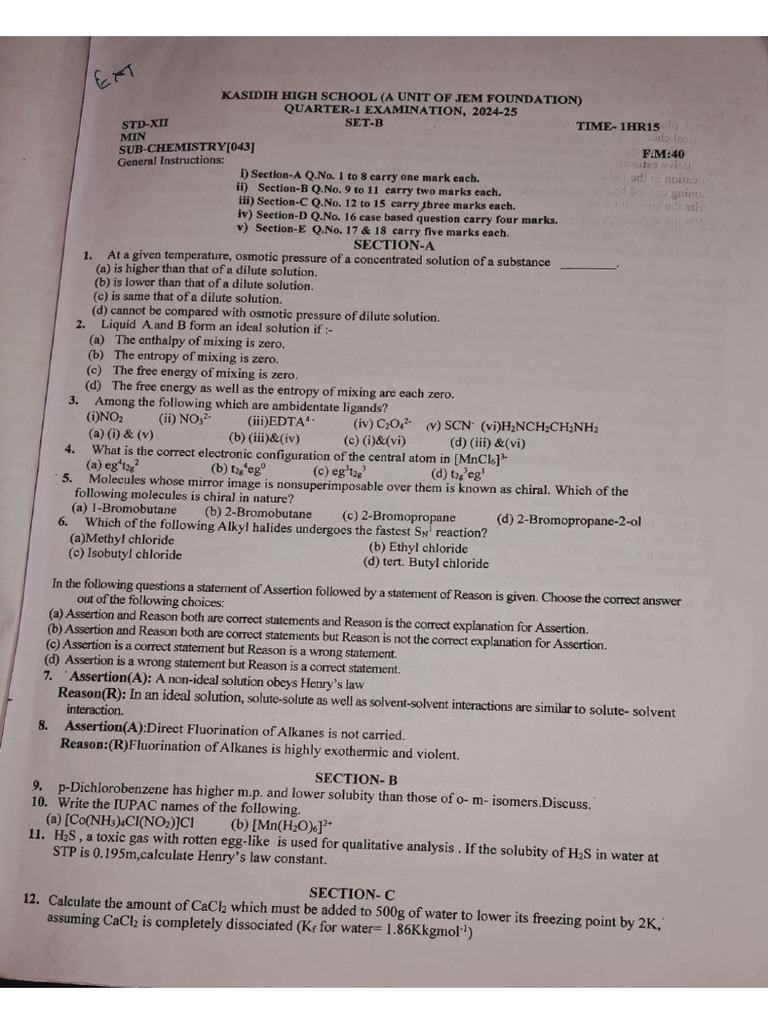 Questions of Class 12 Chemistry | PDF