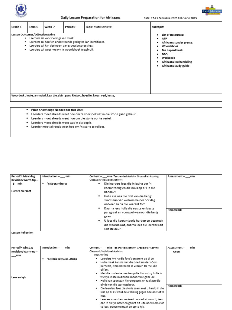 Lesson Plan Week 7 Graad 5 Afrikaans Kwartaal 1 2025 | PDF