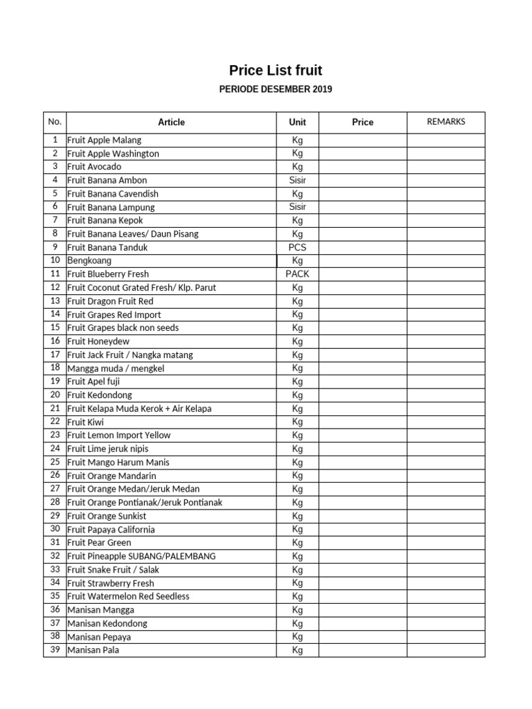 Price List Veg & Fruit DES | PDF | Fruit | Shallot