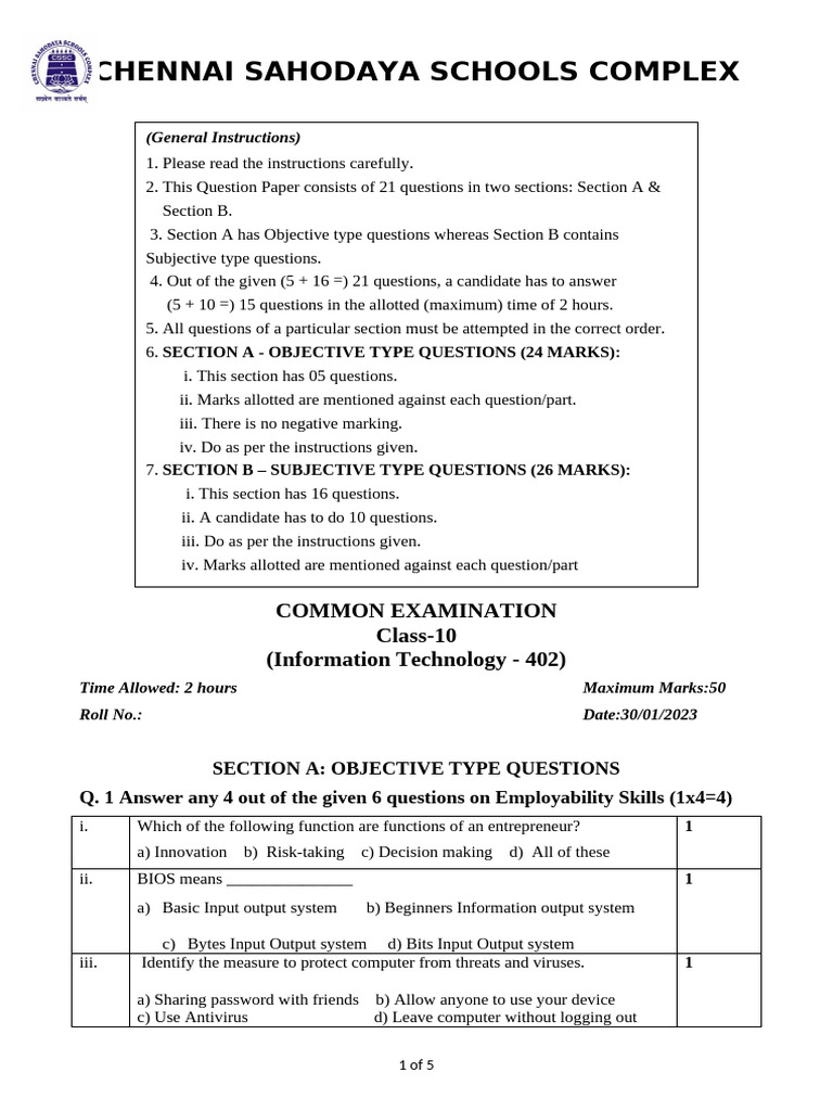 Class 10 CSSC Exam: IT Paper | PDF | Databases | Table (Database)