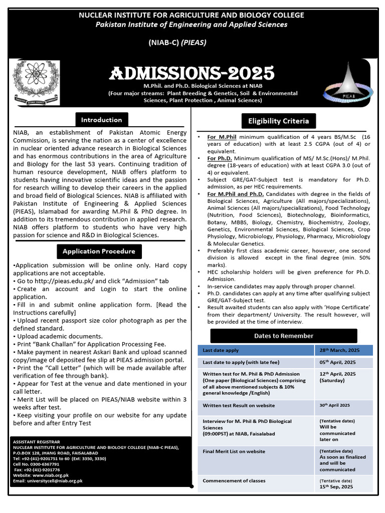 NIAB PhD Admission 2025 Details | PDF
