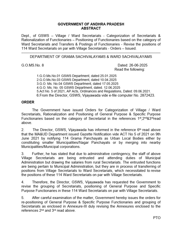 GSWS Functionary Positioning Orders | PDF | Government | Government Of ...