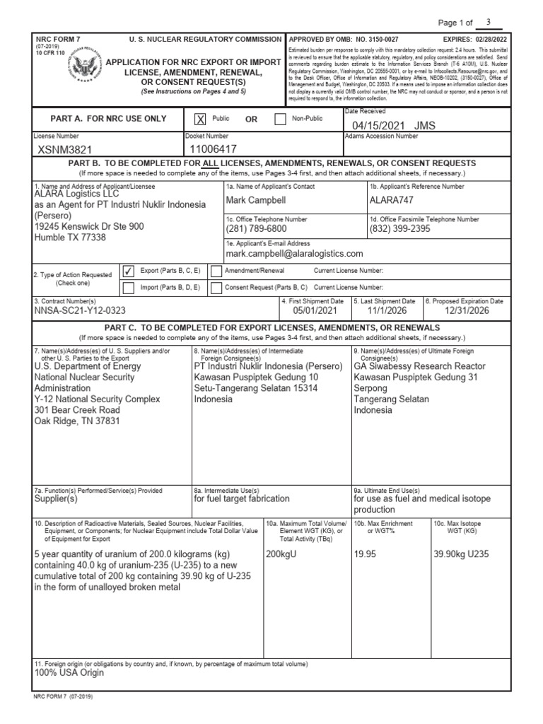 NRC Uranium Import/Export License Form | PDF | Nuclear Regulatory ...