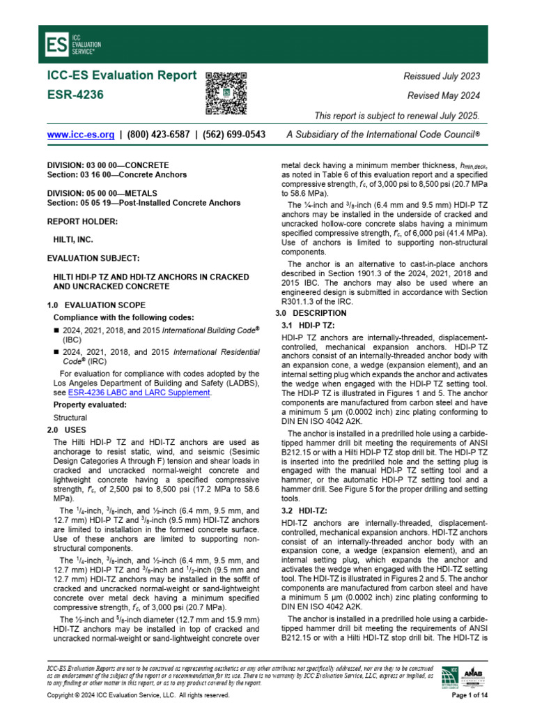 ICC-ES Report ESR-4236 for Hilti Anchors | PDF | Strength Of Materials ...