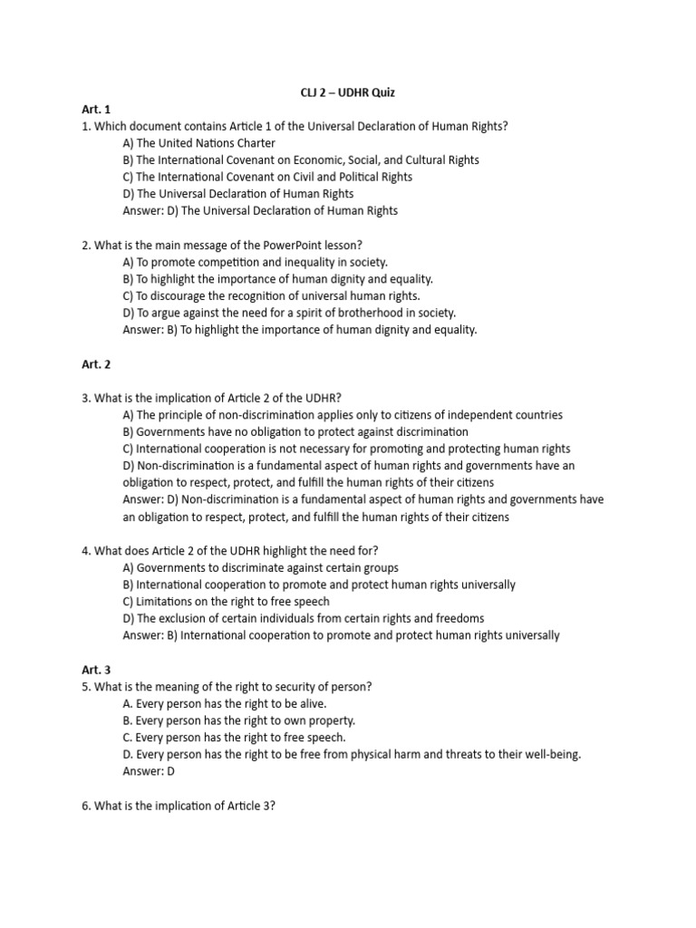 UDHR Quiz: Key Concepts and Answers | PDF | Human Rights | Freedom Of ...