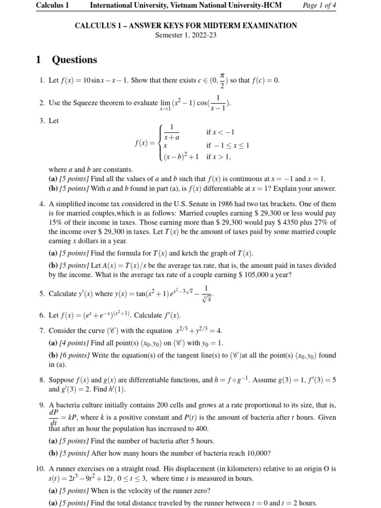 Cal1 - Midterm - S1 2022 - 23 - Answer - v2 | PDF | Tangent ...