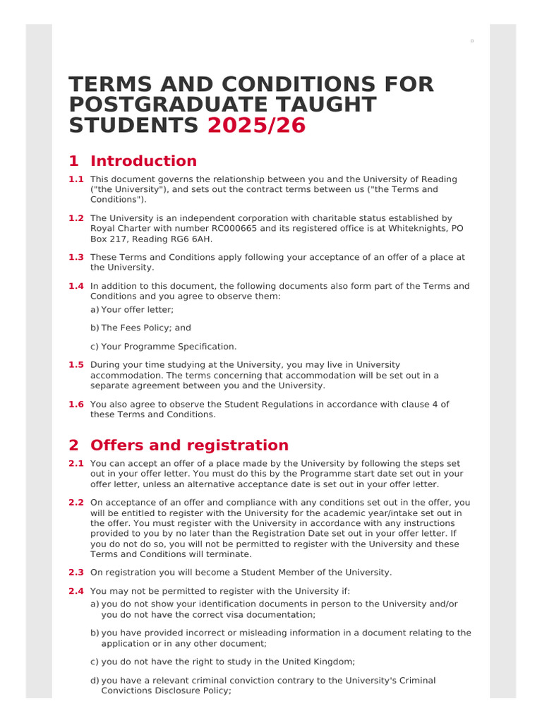 Postgraduate Terms & Conditions 2025/26 | PDF | Legal Liability | Tort