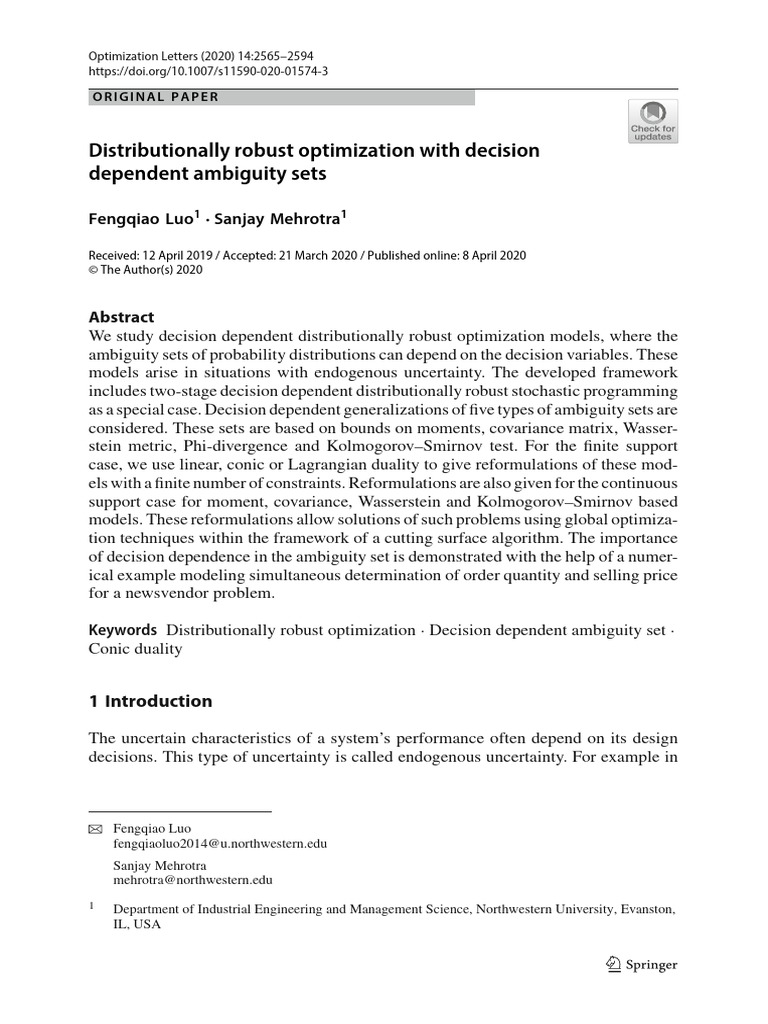 Decision Dependent Robust Optimization | PDF | Mathematical ...