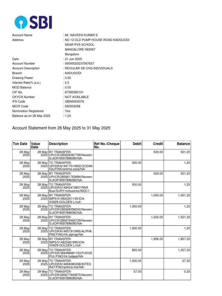 Account Statement From 28 May 2025 To 31 May 2025 | PDF | Banking ...