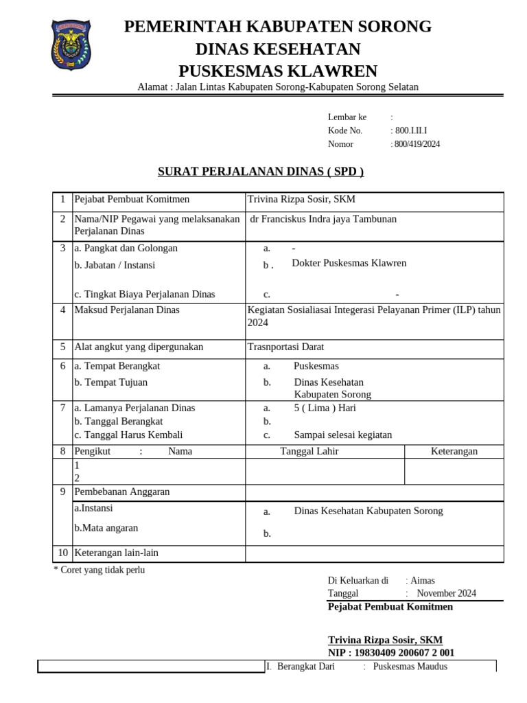 SPD Perjalanan Dinas Dinas Kesehatan Sorong | PDF