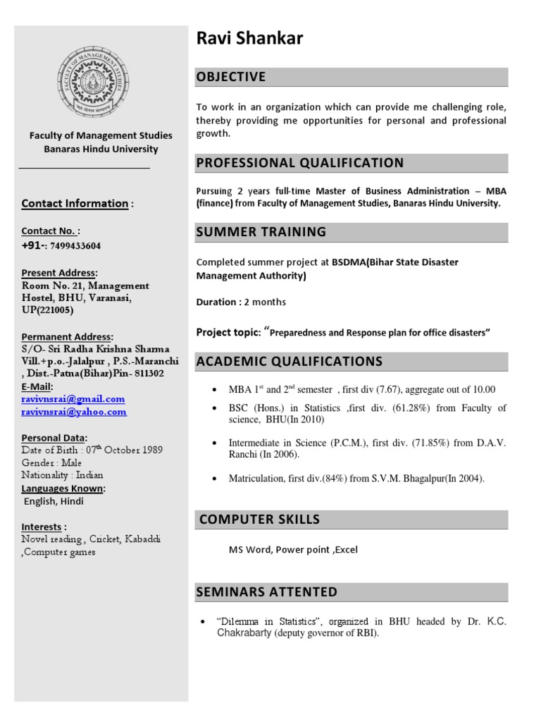Ravi Shankar CV Final | PDF | Career & Growth