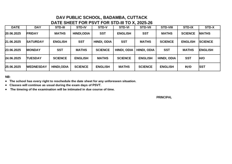 DAV Public School Badamba Exam Schedule 2025 | PDF