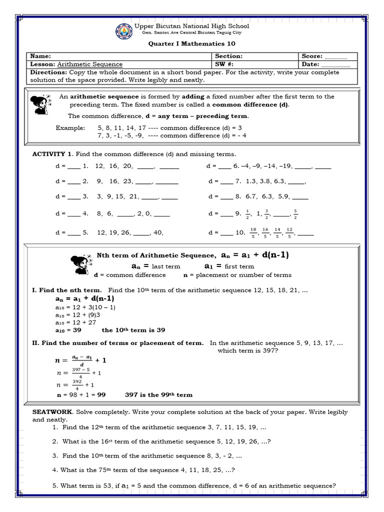 Arithmetic Sequences and Means Activities | PDF | Mathematics | Chess
