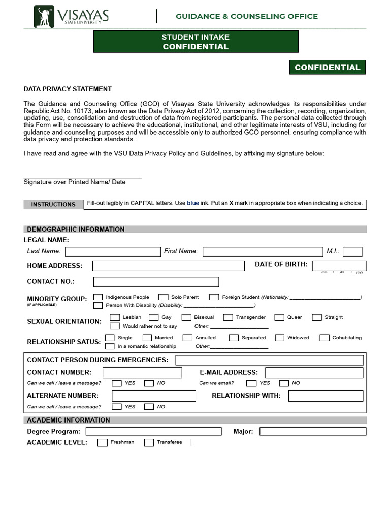 Student Intake Form for Counseling | PDF | Psychotherapy
