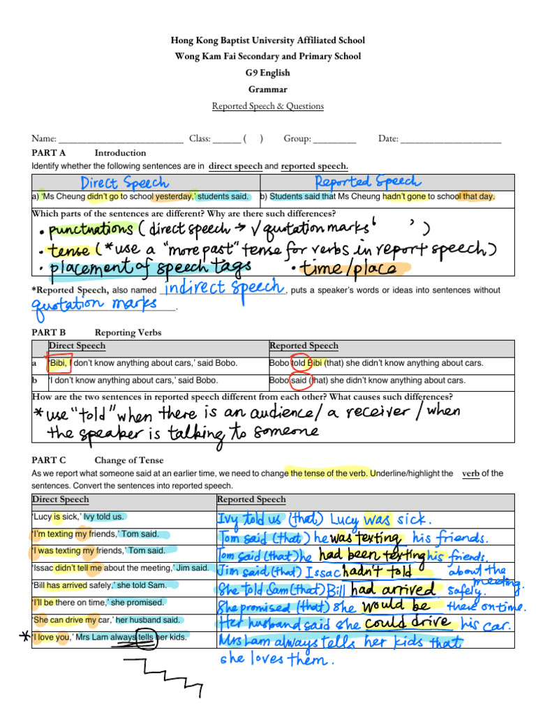2425 G9 Grammar - Reported Speech | PDF | Linguistic Typology | Languages