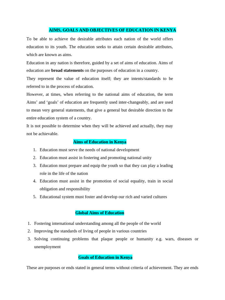 Aims and Goals of Education in Kenya | PDF | Learning | Curriculum