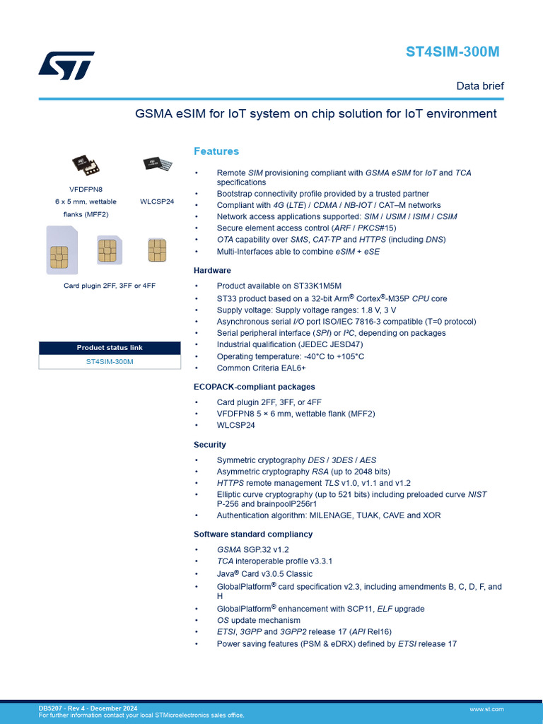 ST4SIM-300M: GSMA eSIM for IoT | PDF | Computing