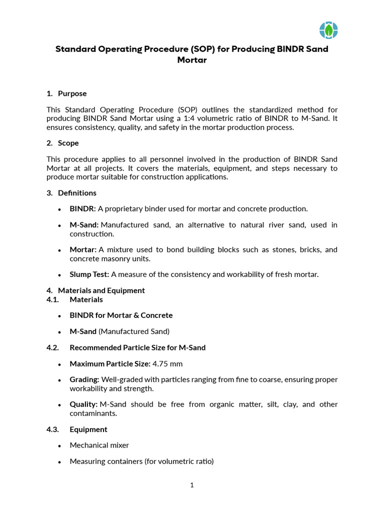 BINDR Sand Mortar Production SOP | PDF | Concrete | Mortar (Masonry)