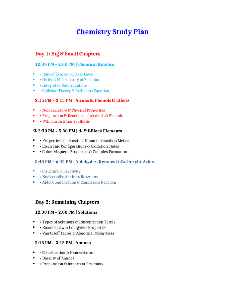 Chemistry Study Plan Overview | PDF