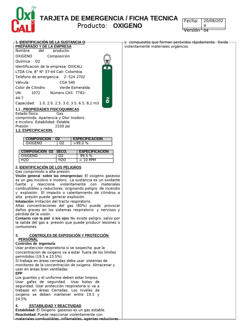 Ficha Técnica de Oxígeno: Seguridad y Usos | PDF | Oxígeno | Física ...