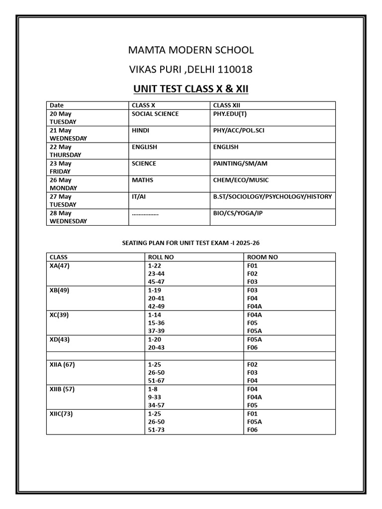 Class X & XII Unit Test Schedule 2025-26 | PDF
