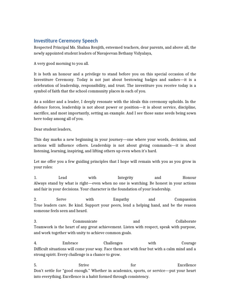 Principal's Speech for Investiture Ceremony | PDF | Social Psychology