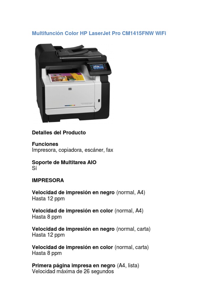 Multifunción Color HP LaserJet Pro CM1415FNW WiFi | Impresora ...