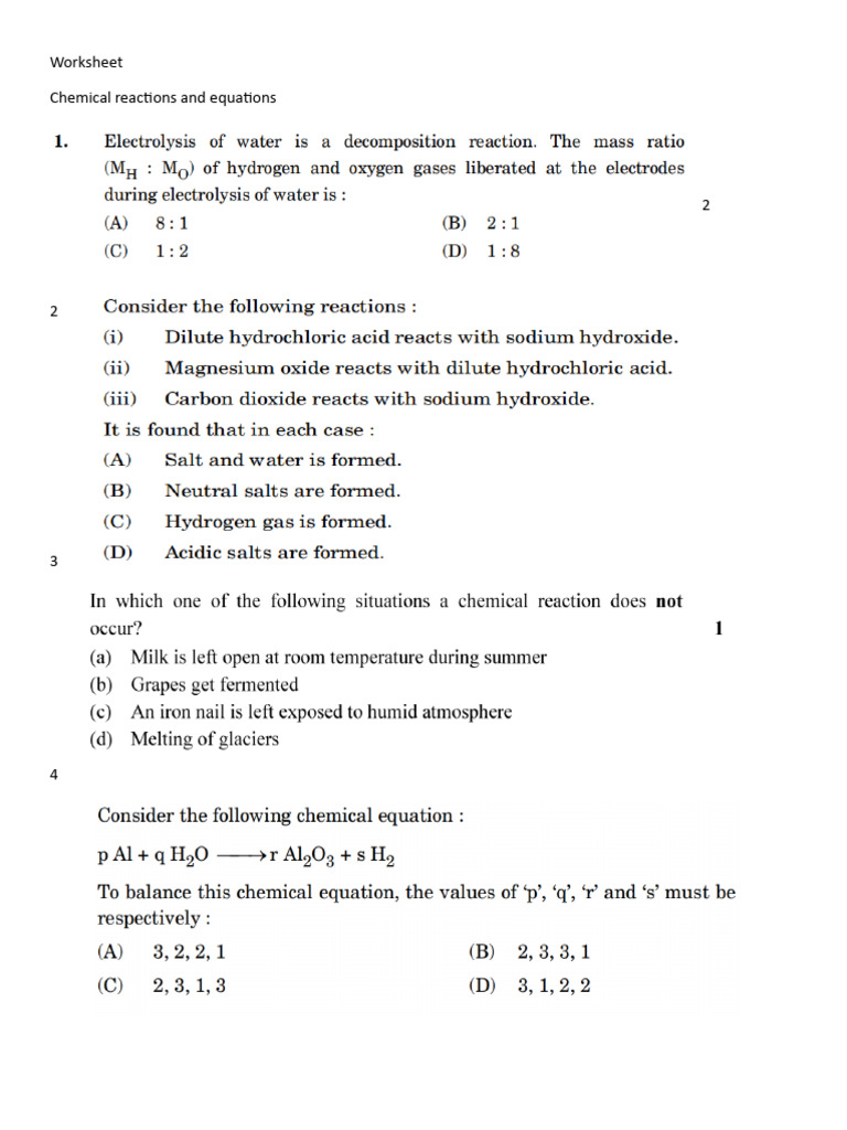 Chemical Reactions and Equations Practice Worksheet - 2025 | PDF