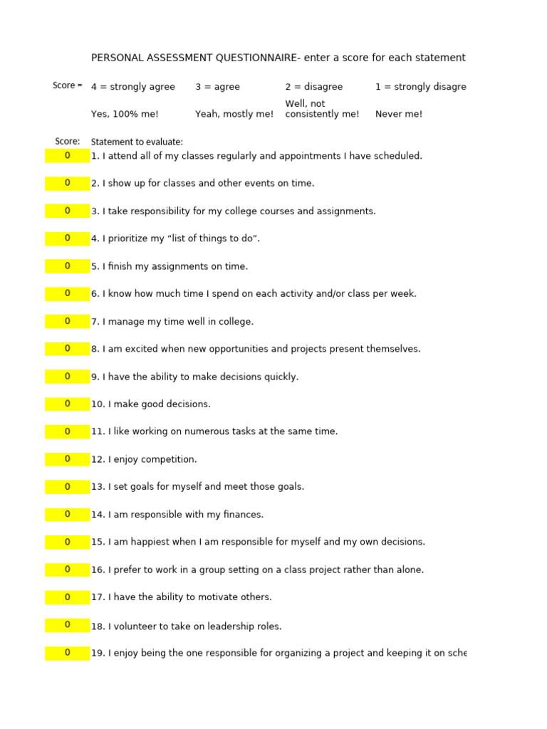 Personal Assessment Questionnaire for Success | PDF