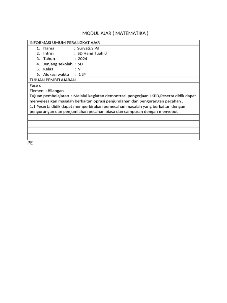 Modul Ajar Matematika Kelas V SD 2024 | PDF