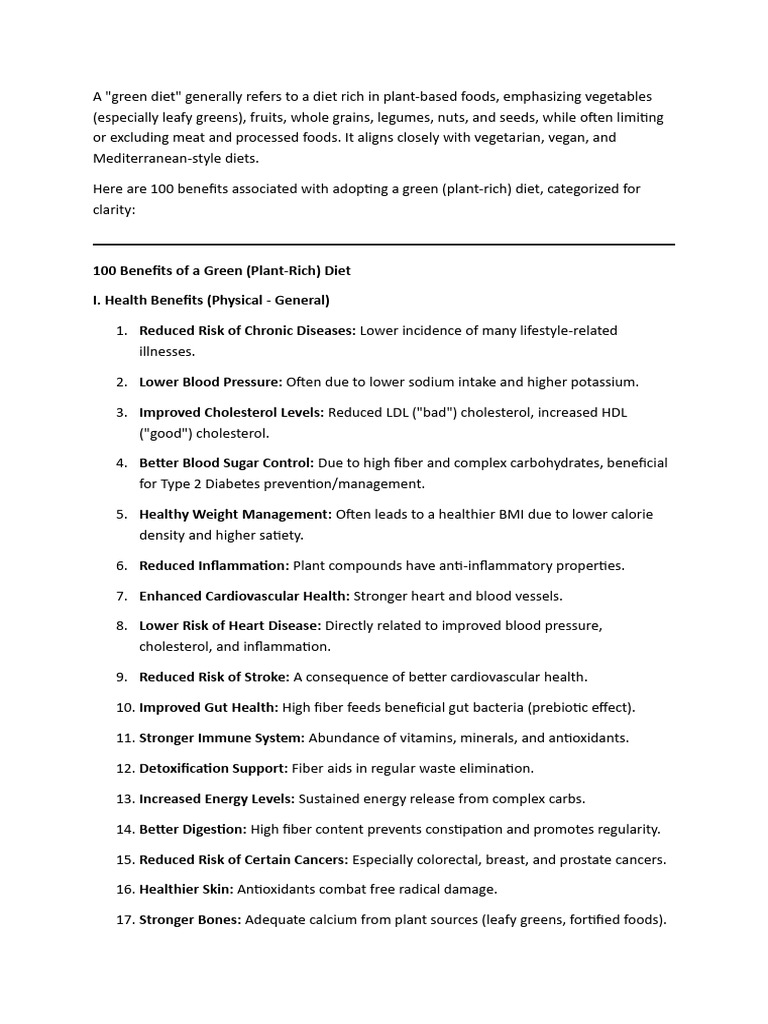 100 Benefits of a Green Diet | PDF | Agriculture | Diet & Nutrition