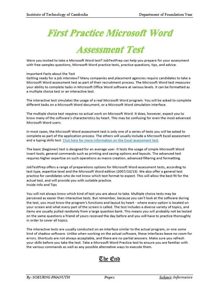 Microsoft Word Assessment Test Guide | PDF | Microsoft Word | Microsoft ...