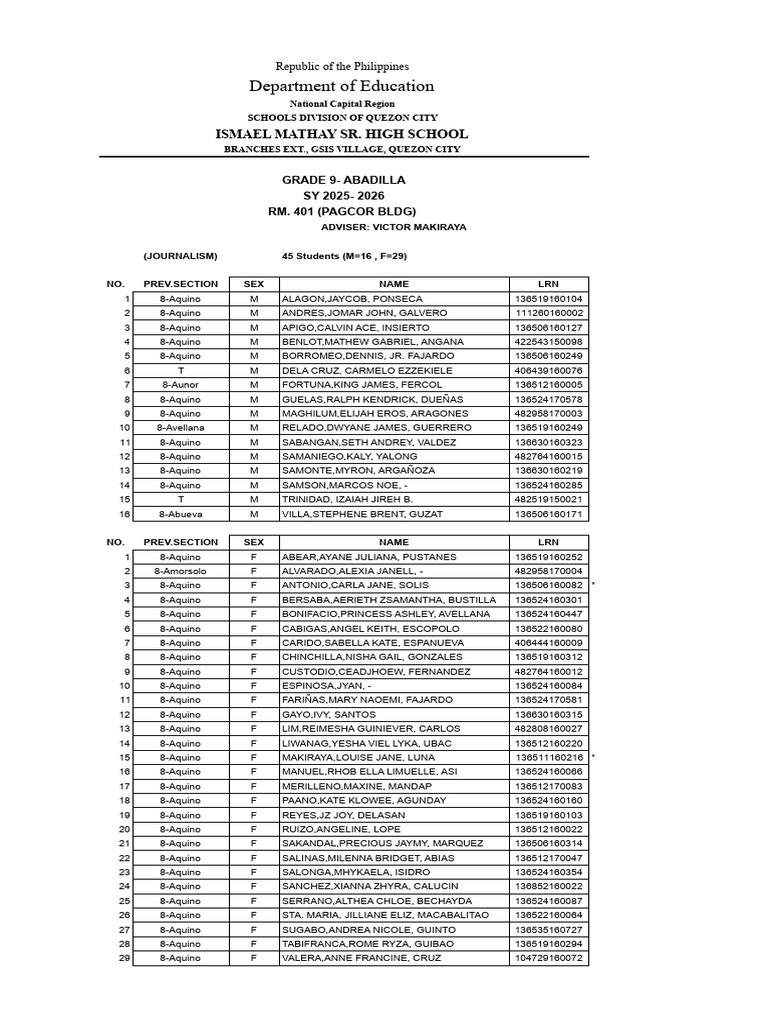 Grade 9 Student Section List 2025-2026 | PDF