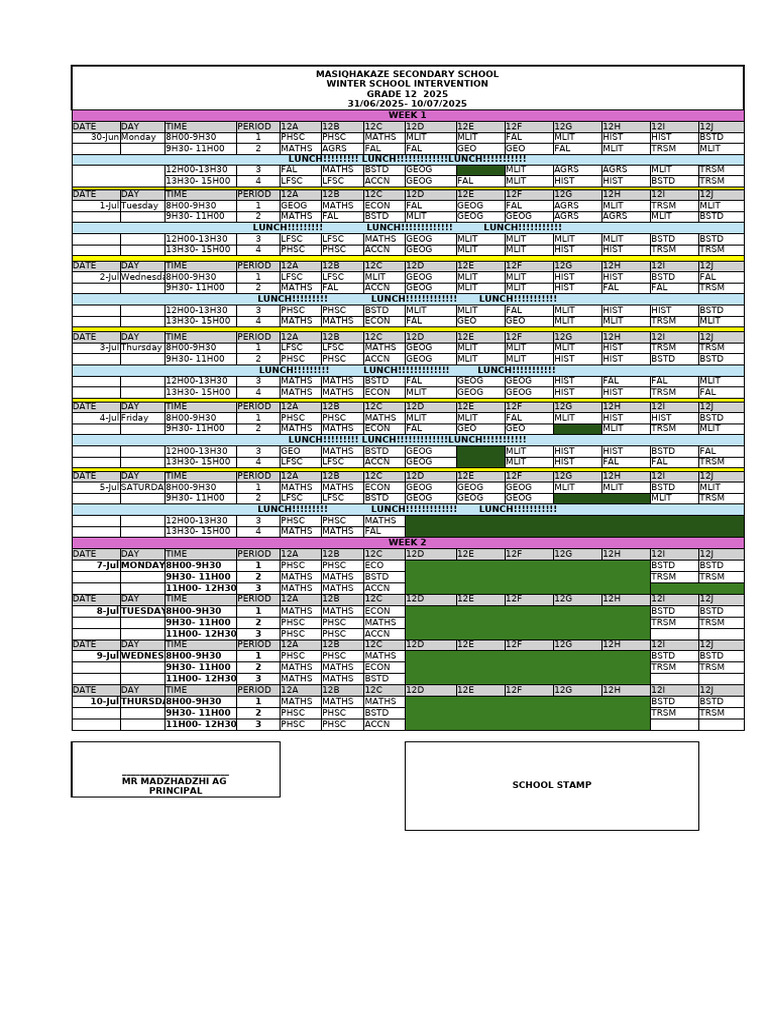 Masiqhakaze Winter School Timetable | PDF