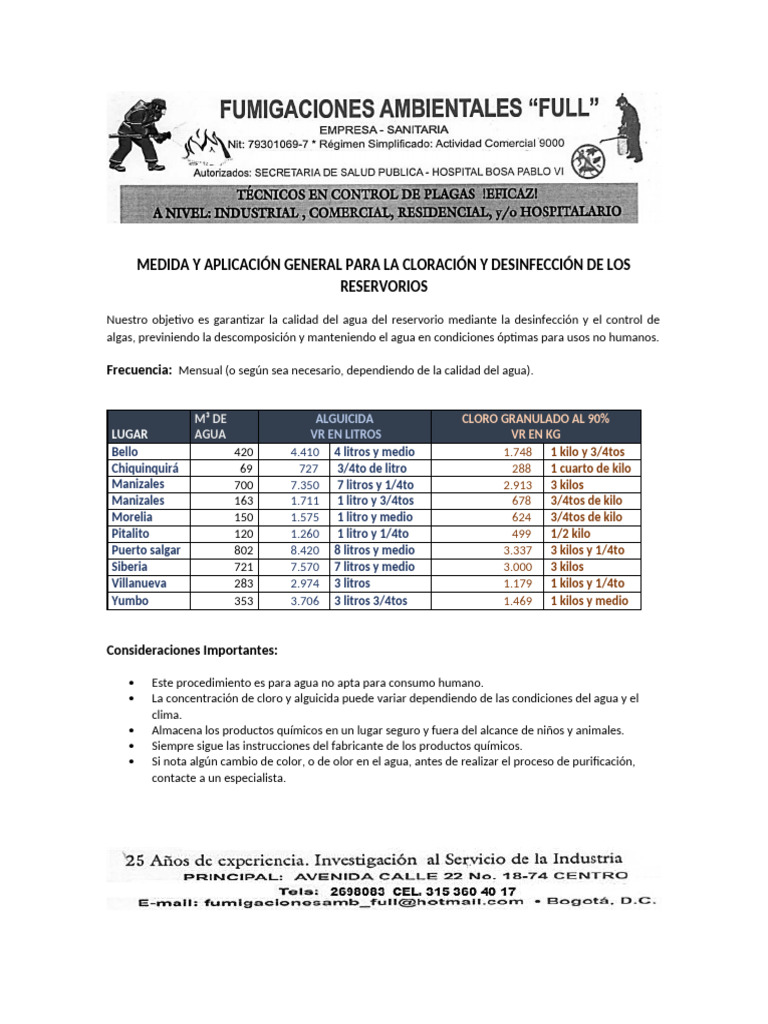 Cloración y Desinfección de Reservorios | PDF