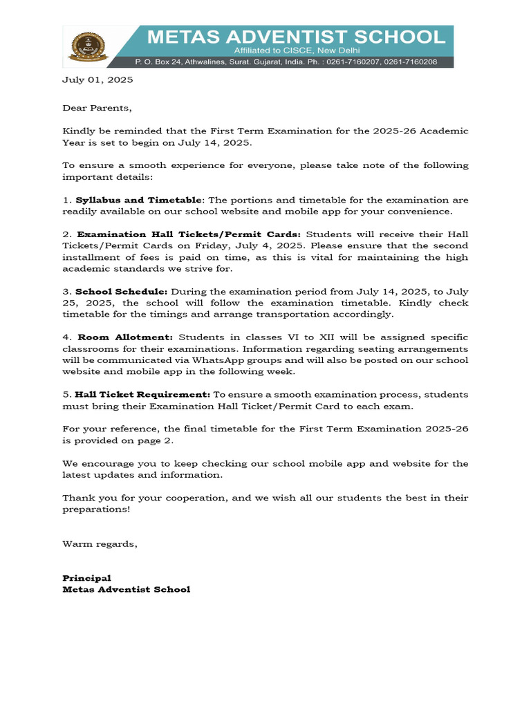 First Term Examination Circular - VI To X | PDF