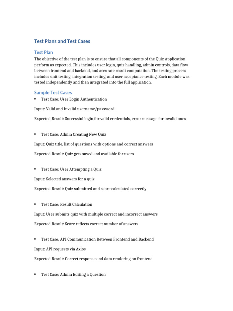 QuizApp Test Plan and Cases | PDF