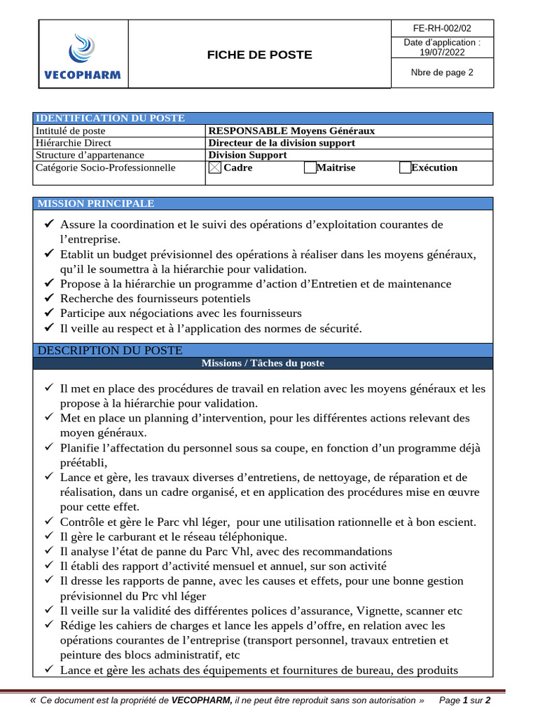 Fiche de poste : Responsable Moyens Généraux | PDF | Business