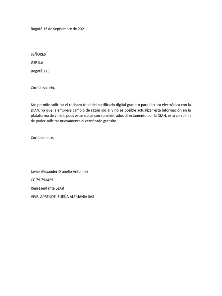 Solicitud de Rechazo de Certificado DIAN | PDF