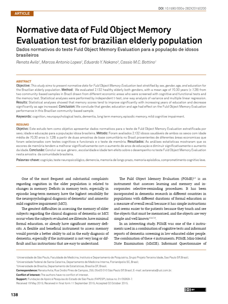 Normative Data for Fuld Memory Test | PDF | Recall (Memory) | Dementia
