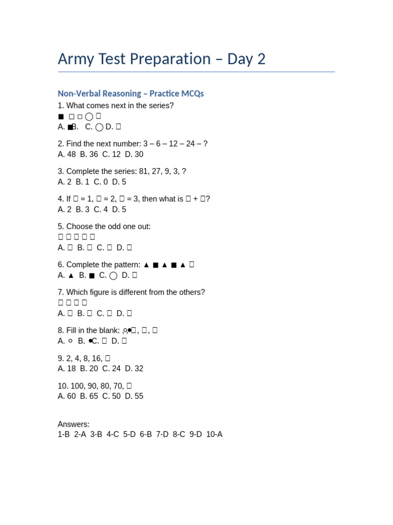 Day2 NonVerbal Army Test MCQs | PDF