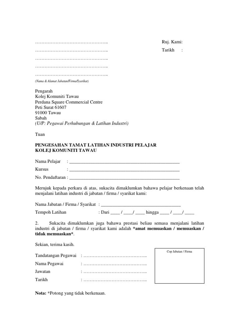 Surat Pengesahan Tamat Latihan Industri Pdf