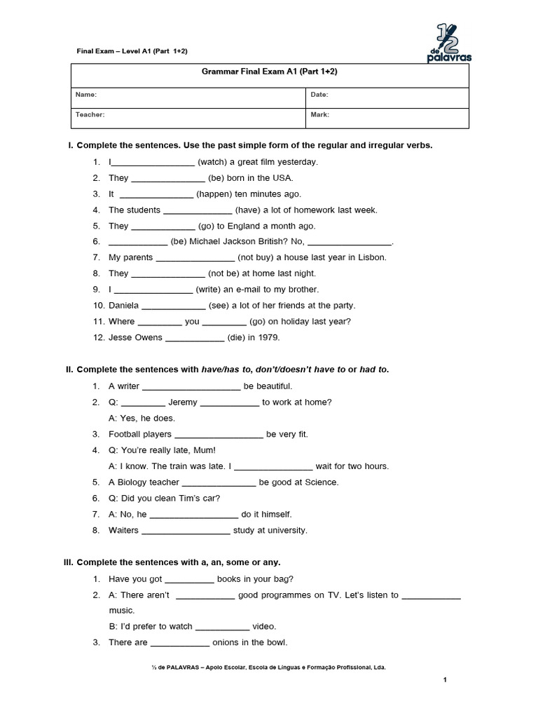 Final Exam Level A1 Grammar Practice | PDF | Language Mechanics ...