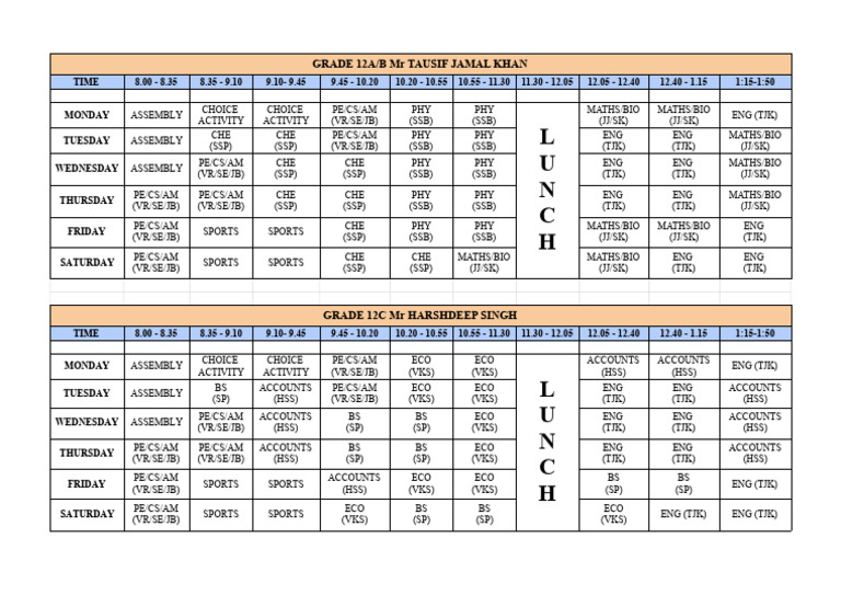 Grade 12 Weekly Class Schedule | PDF